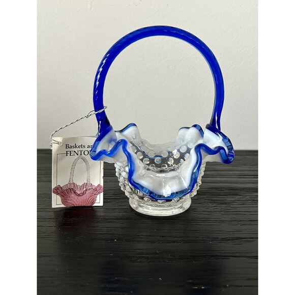 VTG Fenton Blue Opalescent Hobnail Glass Basket with Ruffled Edge New Old Stock - Picture 1 of 11